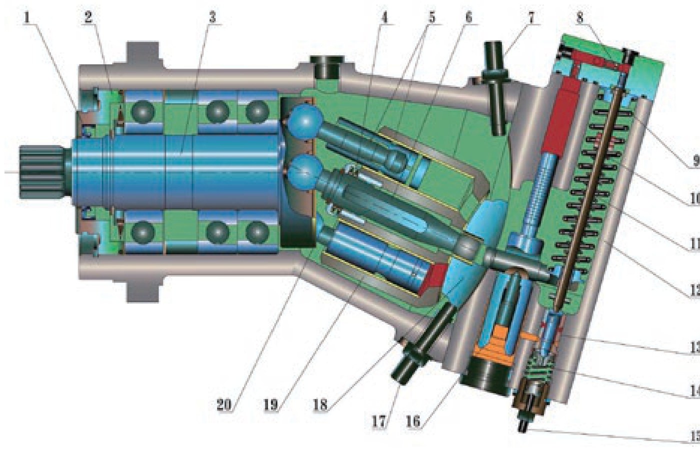 Sectional cutaway drawing of the JA7V bent-axis pump showing twenty numbered components